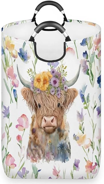 Collapsible Laundry Basket Highland Cow,Laundry Hamper with Handle,Waterproof Foldable Dirty Cloth Toy Organizer for Laundry Room Living Room Bedroom Colleage Dorm