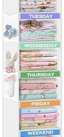 Weekly Clothes Organizer for Kids 6-Shelf Hanging Closet Organizer with Monday Through Friday Compartments & 2 Side Pockets – Space-Saving Clothes Storage for Children Closet Storage