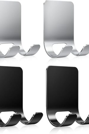 4Pcs Razor Holder, Shaver Hook Hanger, Multipurpose Self Adhesive Double Hooks, Silver Black Stainless Steel Shower Hooks, For Bathroom and Kitchen Storage, Includes Loofah, Towel, Plug, Clothes
