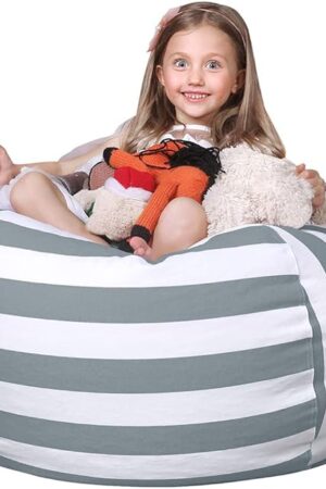 WEKAPO Stuffed Animal Storage Bean Bag Chair Cover for Kids | Stuffable Zipper Beanbag for Organizing Children Plush Toys Large Premium Cotton Canvas (Gray, X-Large)