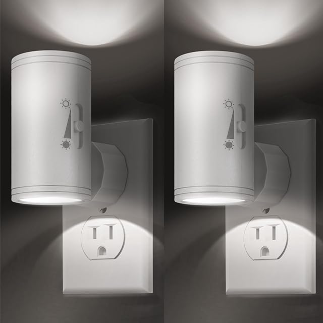 Dimmable LED Night Light Plug into Wall - Adjustable Rotating Lamp with Light Sensor, Auto On/Off from Dusk to Dawn for Bedroom, Hallway, Bathroom 2-Pack
