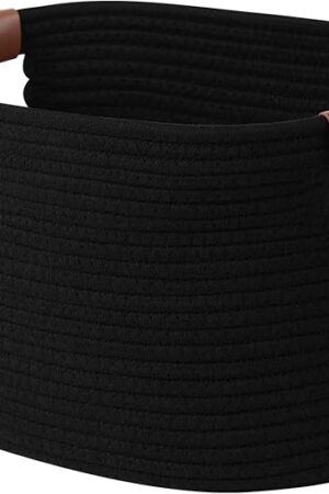 Cotton Rope Basket , Storage Baskets with Handle, 15x10x9 Inch Woven Basket for Shelves, Laundry, Towels, Clothes, Books, Toys (Black 1Pack)