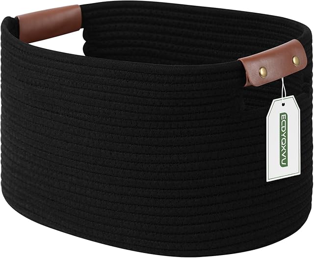 Cotton Rope Basket , Storage Baskets with Handle, 15x10x9 Inch Woven Basket for Shelves, Laundry, Towels, Clothes, Books, Toys (Black 1Pack)