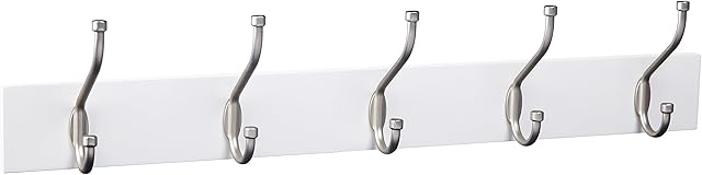 Amazon Basics Rectangular Farmhouse Wall-Mounted Coat Rack with Storage Hooks, 5 Hooks, White