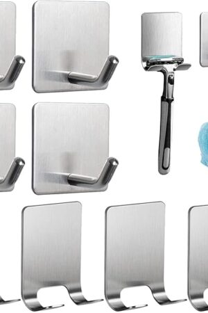 8 Pack Adhesive Hooks, 4 Pack Razor Holder for Shower and 4 Heavy Duty Waterproof Sticky Hooks for Hanging Towels, Loofah, Coat, Hat (Silver)