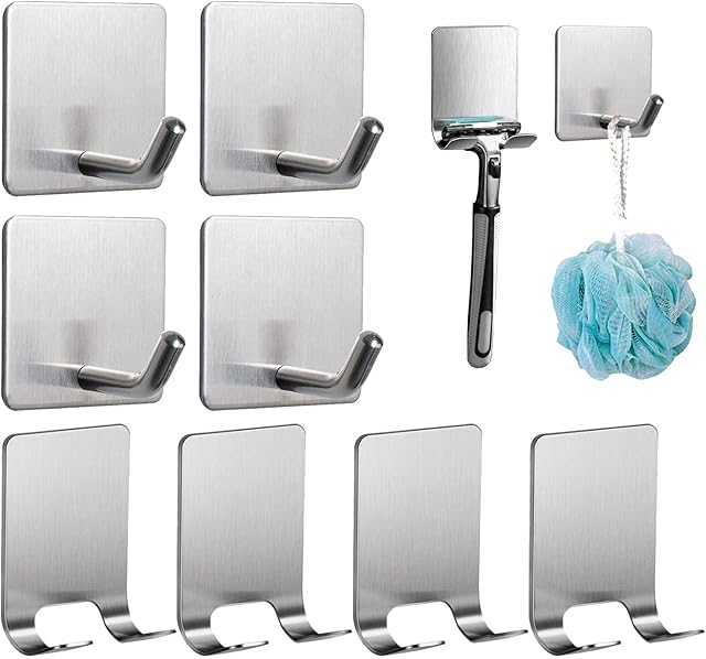 8 Pack Adhesive Hooks, 4 Pack Razor Holder for Shower and 4 Heavy Duty Waterproof Sticky Hooks for Hanging Towels, Loofah, Coat, Hat (Silver)