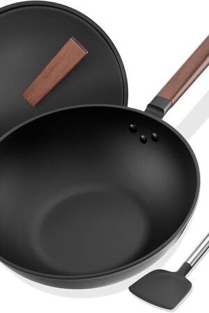 Carbon Steel Wok, 13-Inch, Pre-Seasoned, Non-Stick, with Lid and Spatula, Flat Bottom, Ideal for Stovetop Cooking
