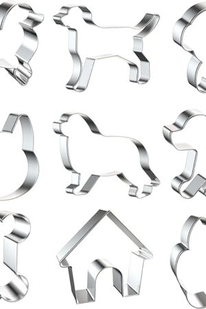 9 PCS Dog Cookie Cutters Set, Assorted Dog Shape Metal Cookie Cutters, Bone, Dog Paw, Corgi, Labrador, Rottweiler, Sheepdog Shape Cookie Cutters Molds for Baking Dog Party Supplies, Silver, standard