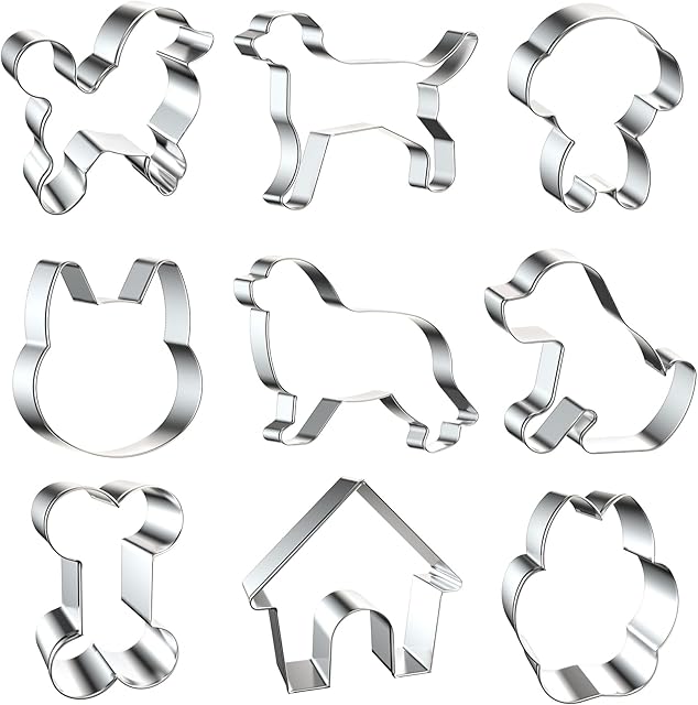 9 PCS Dog Cookie Cutters Set, Assorted Dog Shape Metal Cookie Cutters, Bone, Dog Paw, Corgi, Labrador, Rottweiler, Sheepdog Shape Cookie Cutters Molds for Baking Dog Party Supplies, Silver, standard