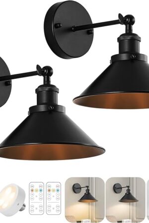 Black Vintage Wireless Battery Operated Wall Sconces, Industrial Cordless Battery Powered Led Wall Lights Set of 2, Wall Lamp Fixture Indoor with Remote Control for Bedroom Farmhouse Gallery