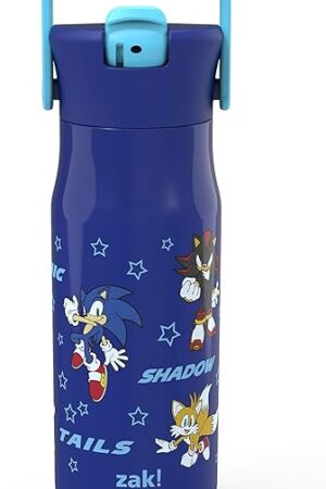 Zak Designs Harmony Sonic the Hedgehog Water Bottle for Travel or Home, 20oz Recycled Stainless Steel is Leak-Proof When Closed and Vacuum Insulated with Straw Lid and Carry Handle (Sonic & Friends)