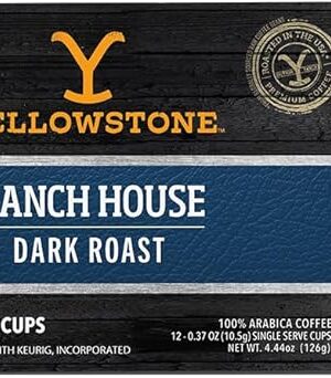 Yellowstone Ranch House Dark Roast Coffee, Single Serve Recyclable Pods/Cups, 100% Arabica Beans, 12 Count