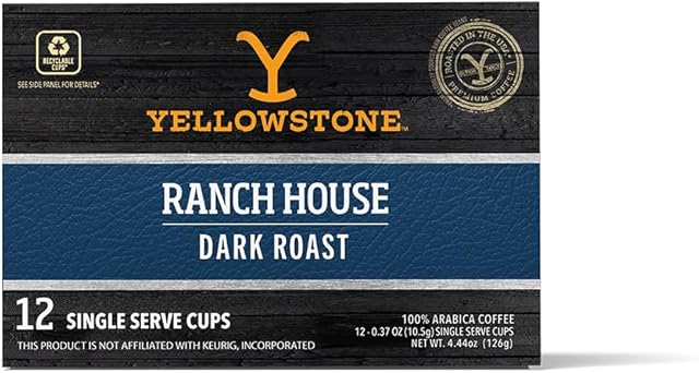 Yellowstone Ranch House Dark Roast Coffee, Single Serve Recyclable Pods/Cups, 100% Arabica Beans, 12 Count