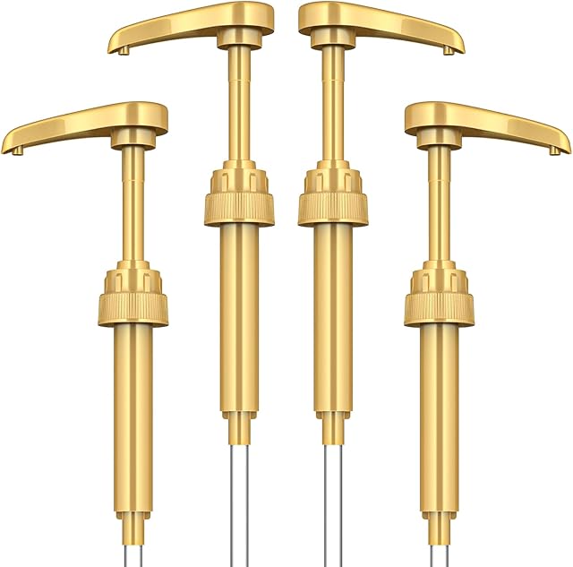Coffee Syrup Pump Dispenser, 4 Packs of Syrup Pump for 750ml/25.4 oz Syrup Bottle, Gold Pumps for Coffee Syrup Bottle, works with Torani, DaVinci, Jordans Skinny 750ml Syrups Bottles (Gold)