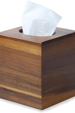Acacia Wood Tissue Box Cover, Square Wooden Tissue Holder for Bathroom, Living Room, Dining Table, Decorative Cube Facial Tissue Box Cover, 5.3 x 5.3 x 5.9 inches