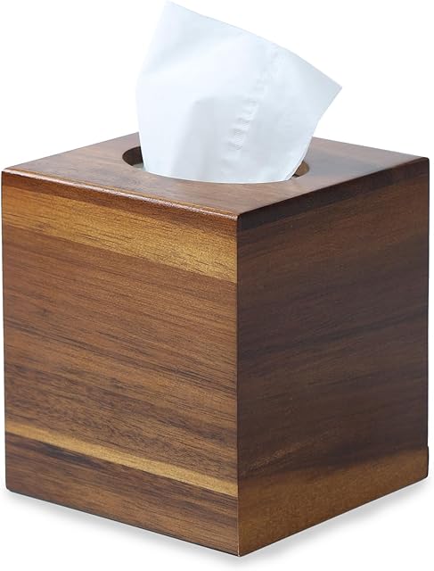 Acacia Wood Tissue Box Cover, Square Wooden Tissue Holder for Bathroom, Living Room, Dining Table, Decorative Cube Facial Tissue Box Cover, 5.3 x 5.3 x 5.9 inches