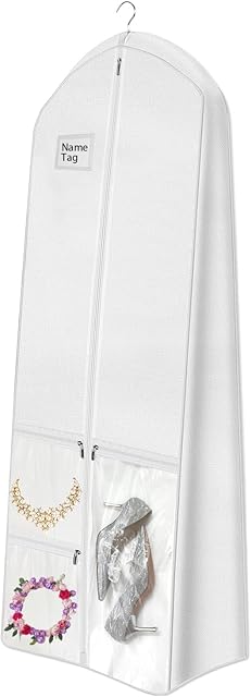 72" Wedding Dress Garment Bag with 10'' Gusseted Dress Bags for Gowns Long 4 Pockets Dress Cover for Women, White