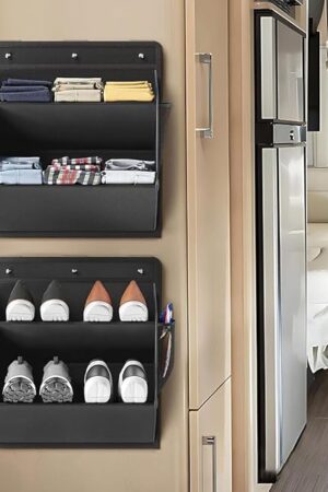 2 Pack RV Shoe Storage with Sticky Adhesive Tape, Over the Door Shoe Rack, Wall Hanging Shoe Organizer with Large Deep Pockets for Camper, Narrow Space Saving Closet Organizers Black
