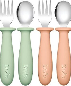 DRKIO 8 Pieces Toddler Utensils Set - Kids Silverware Set with Silicone Handle Children Safe 18/8 Stainless Steel Forks and Spoons Anti-Choke Design Food Grade Dishwasher Safe