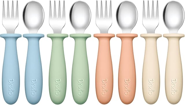 DRKIO 8 Pieces Toddler Utensils Set - Kids Silverware Set with Silicone Handle Children Safe 18/8 Stainless Steel Forks and Spoons Anti-Choke Design Food Grade Dishwasher Safe