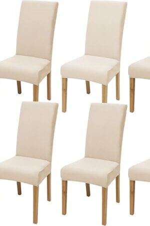 Velvet Dining Chair Covers,Dining Room Chair Covers Set of 6,Stretch Kitchen Chair Cover,Soft Washable Dining Chair Cover,Parsons Chair Slipcovers Protective,for Home,Restaurant,Banquet(Cream)