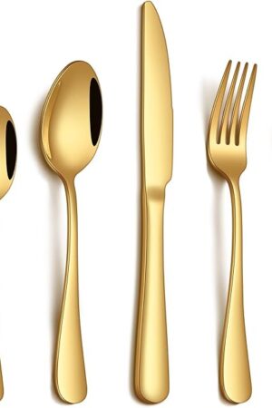 20 Piece Gold Silverware Set, Stainless Steel Flatware Set for 4 Food Grade Cutlery Utensil Set Include Knife Fork Spoon Mirror Polished Dishwasher Safe