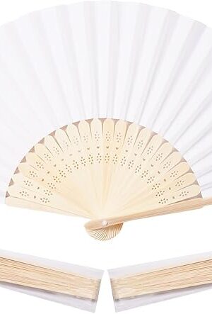 50pcs White Paper Hand Fan Bamboo Folding,Handheld Paper Folded for Wedding Party and Home Decoration