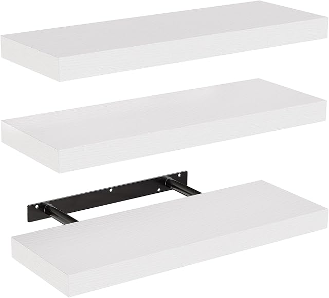 AMADA HOMEFURNISHING Floating Wall Shelves Set of 3 White Shelves with Invisible Brackets AMFS08