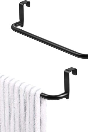 2 Pieces Metal Towel Bar Kitchen Cabinet Steel Towel Rack Bar for Hanging on Inside or Outside of Doors, Home Kitchen Bathroom(Black)