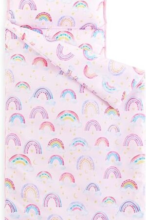 Wake In Cloud - Toddler Nap Mat with Pillow and Blanket, for Kids Girls in Kindergarten Daycare Preschool Pre K, Roll Up Sleeping Bag, Colorful Rainbows, Light Pink, Standard
