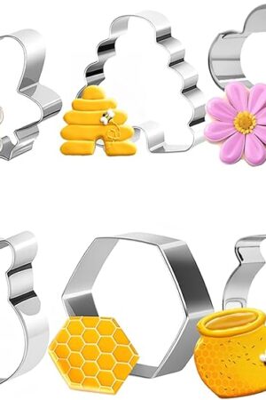 6Pack Bee Cookie Cutters Set, Beehive,Honey Jar,Winnie the Pooh,Flower Shapes Stainless Steel Biscuit Molds for Honey Bee Party Baking Muffins Sandwiches Cake Fondant Birthday Decoration