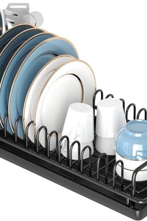 Compact Dish Rack Sink Drying Rack with Silicone Mat, Stainless Steel Dish Drainer for Kitchen Sink Cabinet, Kitchen Sink Rack,Dish Holder, Black