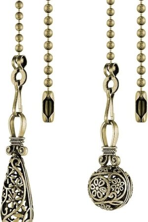 Ceiling Fan Pull Chain Vintage Hollow Fan Danglers,14 Inches Decorative Fan String Pulls Charm Extension, 3mm Diameter Beaded Fan Pull Chains Extender Ornaments with Connector(Copper 2Pack)