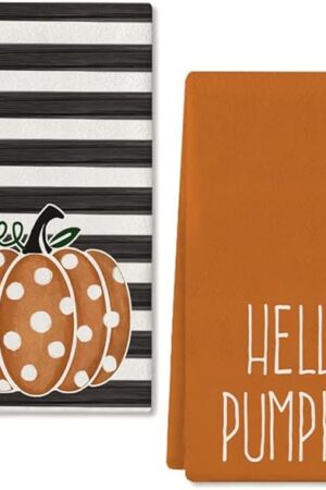 ARKENY Hello Pumpkin Fall Kitchen Towels Set of 2,Orange Polka dot Stripes Autumn Dish Towels 18x26 Inch,Farmhouse Home Indoor Thanksgiving Harvest Seasonal Vintage Decorations AD006