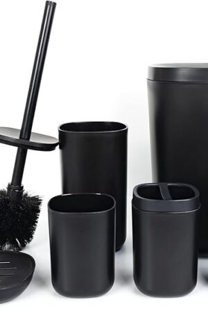 Bathroom Accessories Set of 6 Complete, Toothbrush Holder, Soap Dispenser, Garbage Trash Can, Soap Dish, Toothbrush Cup and Toilet Brush Holder, Black