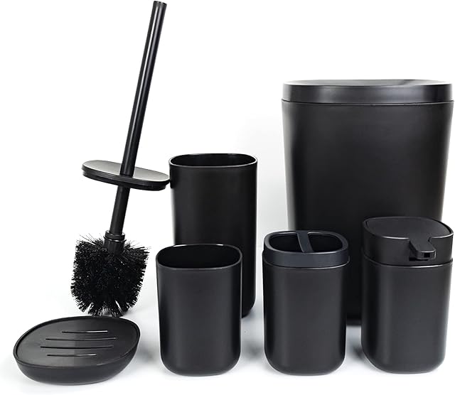 Bathroom Accessories Set of 6 Complete, Toothbrush Holder, Soap Dispenser, Garbage Trash Can, Soap Dish, Toothbrush Cup and Toilet Brush Holder, Black