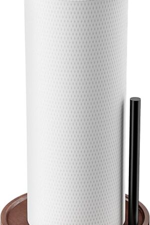 Wooden Paper Towel Holder Countertop - Kitchen Paper Towel Holder Stainless Steel with Real Wood Base, Farmhouse Paper Towel Roll Dispenser Fits Standard and Jumbo Size Paper Towels.