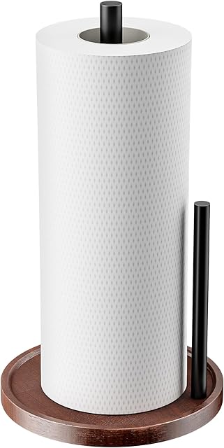 Wooden Paper Towel Holder Countertop - Kitchen Paper Towel Holder Stainless Steel with Real Wood Base, Farmhouse Paper Towel Roll Dispenser Fits Standard and Jumbo Size Paper Towels.