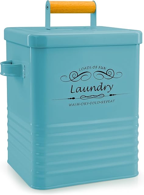 ELITAPRO Detergent Storage Container with Scoop & Lid- Modern Farmhouse Metal Powder Dispenser for Laundry Room Decor and Accessories (Teal)