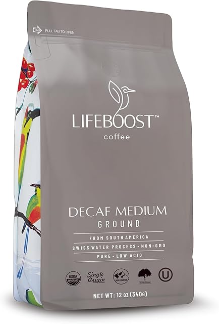 Lifeboost Medium Roast Swiss Water Decaf Coffee Ground - Non-GMO Low Acid Single Origin USDA Decaf Organic Coffee - Third Party Tested For Mycotoxins & Pesticides - 12 Ounces