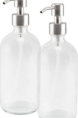 Cornucopia Brands 16-Ounce Clear Glass Bottles w/Stainless Steel Pumps (2 Pack), Soap Dispenser Great for Essential Oils, Lotions, Liquid Soaps