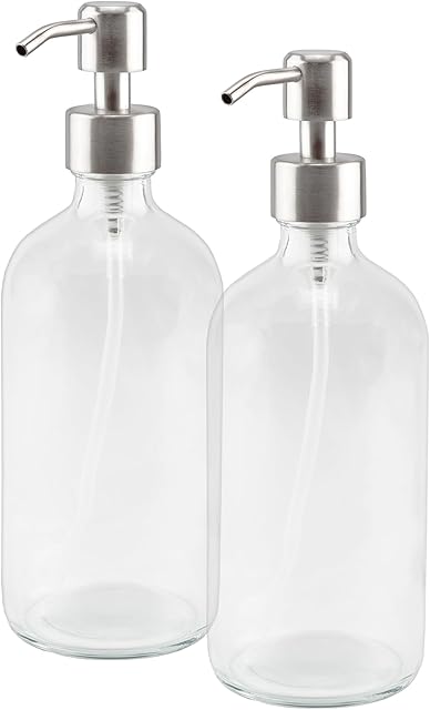 Cornucopia Brands 16-Ounce Clear Glass Bottles w/Stainless Steel Pumps (2 Pack), Soap Dispenser Great for Essential Oils, Lotions, Liquid Soaps