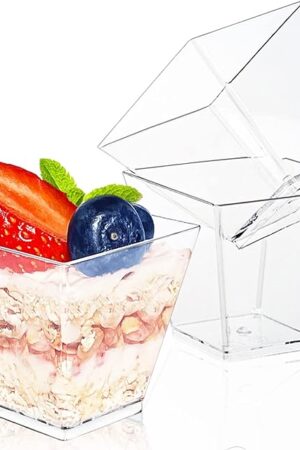 50Pcs Square Mini Plastic Dessert Cups,3.5Oz Clear Plastic Parfait Appetizer Cup for Desserts,Appetizers,Ice Cream