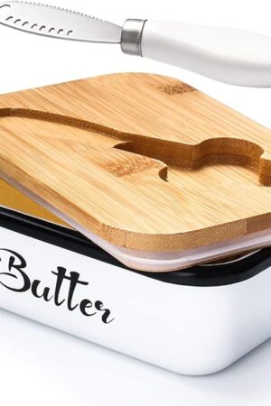 Butter Dish with Lid,Butter Dish for Countertop,AISBUGUR Metal Butter Keeper with Stainless Steel Multipurpose Butter Knife,Large Butter Container with Silicone Home Decor Kitchen Gift White