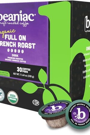 beaniac Organic Full On French Roast, Dark Roast, Single Serve Compostable K Cup Coffee Pods, Organic Arabica Coffee, Keurig Brewer Compatible, 30 Count