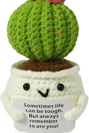 Crochet Positive Cactus, Handmade Knitted Cactus Toy Cute Funny Potato Emotional Positive Life Doll Ornaments Gifts with Encouraging Card for Adults Kids Friends Room Office Desktop Decor