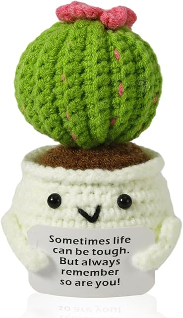Crochet Positive Cactus, Handmade Knitted Cactus Toy Cute Funny Potato Emotional Positive Life Doll Ornaments Gifts with Encouraging Card for Adults Kids Friends Room Office Desktop Decor