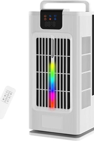 Cooling Fan,4-IN-1 Air Cooler w/ 3-Level Humidify & 4 Speeds, 7-Color Night Lights, 8H Timer for Smart Auto-off, 2.0L Tank Desk Misting Fan for Bedroom Room Office Living Room