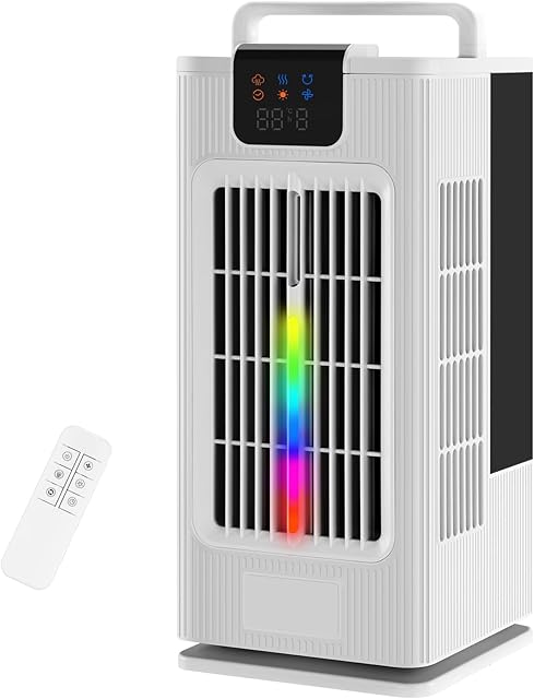 Cooling Fan,4-IN-1 Air Cooler w/ 3-Level Humidify & 4 Speeds, 7-Color Night Lights, 8H Timer for Smart Auto-off, 2.0L Tank Desk Misting Fan for Bedroom Room Office Living Room