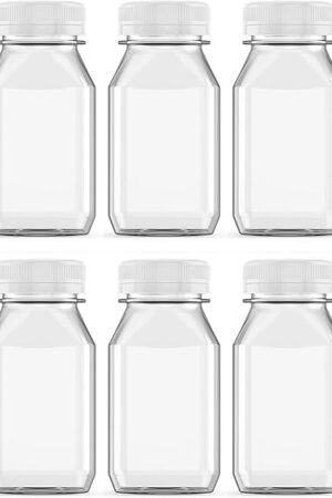Axe Sickle 6 Pcs 4 Ounce Juice Bottles Plastic Milk Bottles Bulk Beverage Containers with Tamper Evident Caps Lids White for Milk, Juice, Drinks and Other Beverage Containers